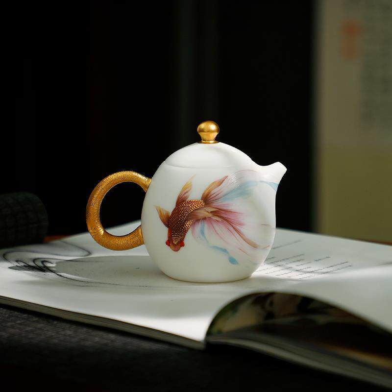 高档羊脂玉白瓷素烧西施泡茶壶单壶高档描金手工龙蛋壶功夫泡茶器