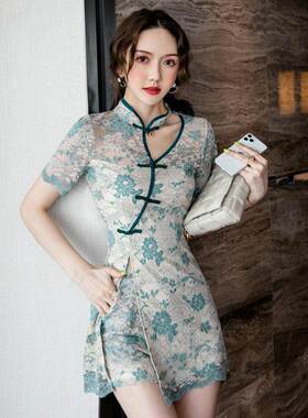 2024夏欧美复古改良旗袍两件套性感镂空蕾丝勾花开叉连衣裙短裤套