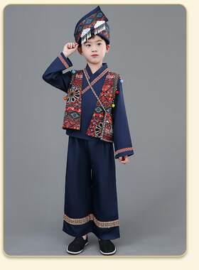 高档广西壮族三族月三童表演男服饰马甲儿童少数民服装女童舞蹈演