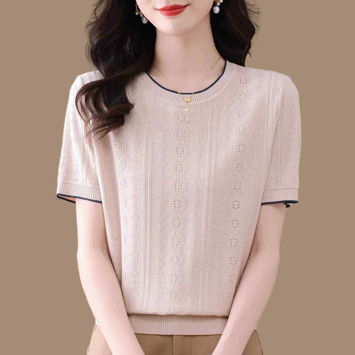 桑蚕丝短袖针织衫爆款夏季高档薄款洋小衫镂空冰丝上衣打底衫