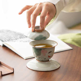 冰裂手绘三才盖碗茶杯带盖不烫手单个家用功夫泡茶碗茶盏茶具套装