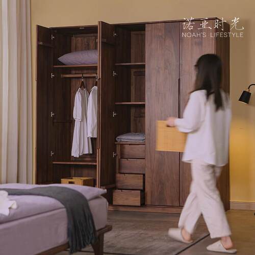 诺亚时光北美黑胡桃木衣柜卧室全实木衣橱挂式储物柜全屋定制