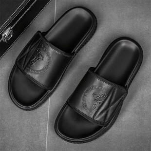 新潮男式真皮凉鞋，新日式个性秋冬外穿厚底拖鞋，防滑，防臭家用