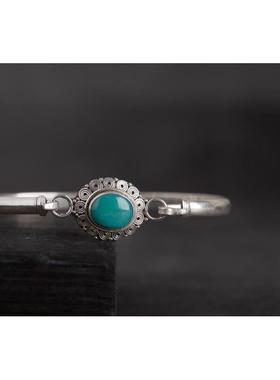 高档印尼泊尔手工25银饰品镶嵌绿松石手女手环镯度 开口复古民9族