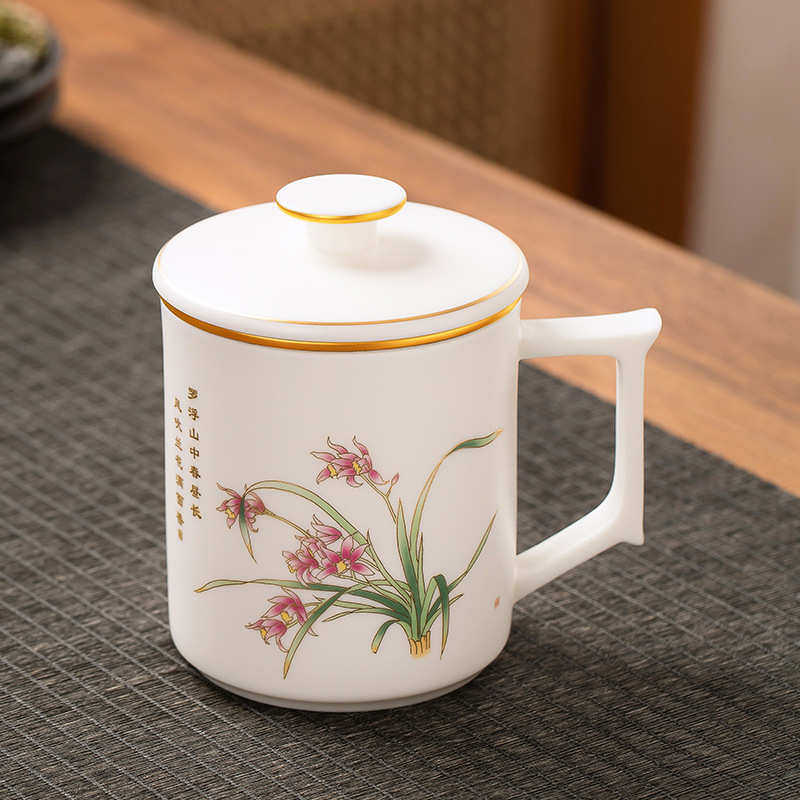 描金兰花水杯素烧羊脂玉瓷办公杯带盖把手花卉茶杯高档陶瓷泡茶杯