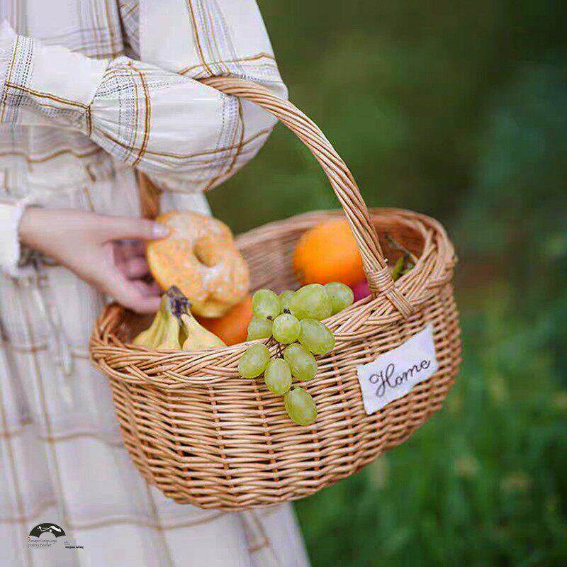 柳编野餐篮藤竹编田园风水果采摘篮手工编织篮子收纳筐手提购物篮