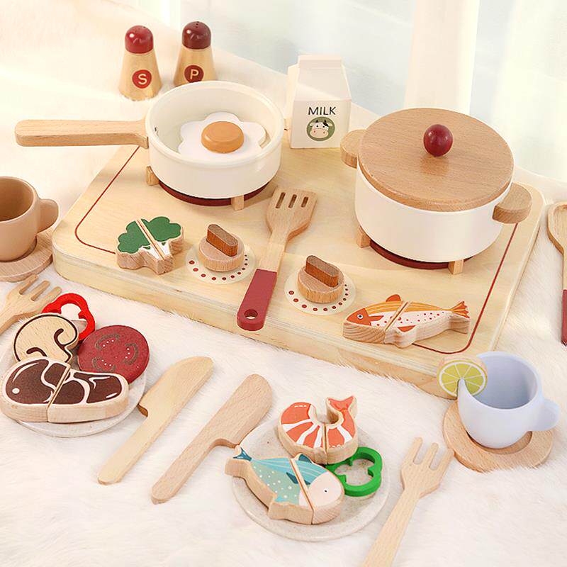 儿童木制过家家小厨房仿真锅具食材烹饪发光灶台角色扮演六一礼物