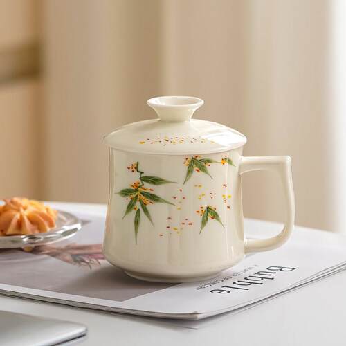 手绘釉下彩水杯陶瓷家用茶杯办公室带盖子泡茶杯轻奢简约桂花办公