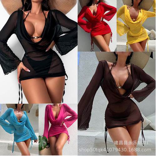 Women ' s Halter Triangle Bikini Set , Mesh Cover - Up Three