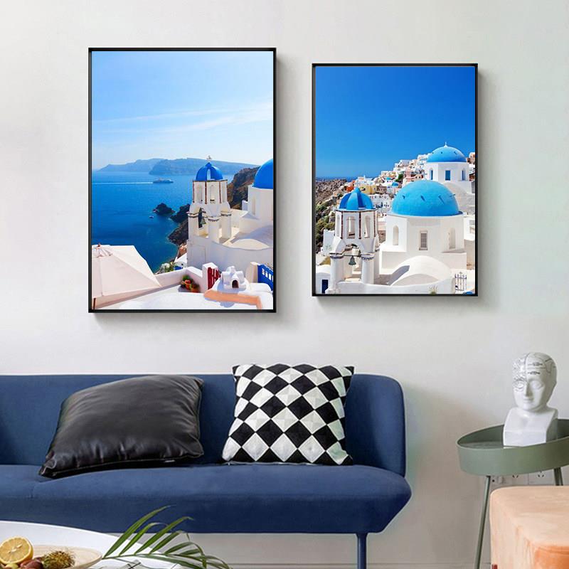 地中海风格希腊圣托里尼客厅装饰画爱琴海建筑风景卧室床头挂画