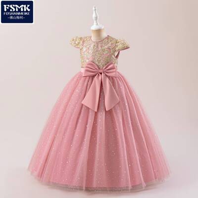 girls bow decor sequins tulle formal dress round neck satin