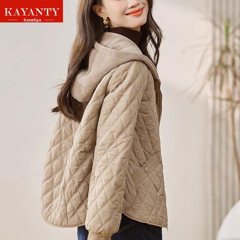 KAYANTY秋冬夹棉外套女2025新款轻薄短款小香风连帽菱格小棉袄