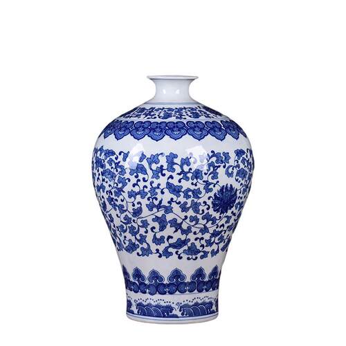 景德镇陶瓷工艺品摆件釉下彩经典青花瓷缠枝莲大号梅瓶家居装饰品