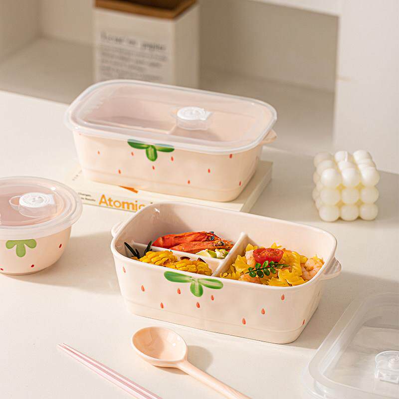 陶瓷分格饭盒上班族带盖子卡通学生保鲜碗方形便当盒微波炉加热可