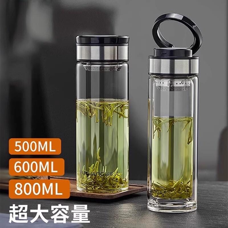 2026新款双层玻璃杯大容量茶杯男士商务玻璃杯可携式提环水杯车载