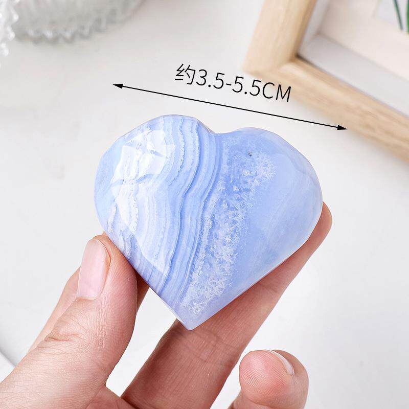 天然水晶蓝纹玛瑙爱心把玩原石打磨心形手把件水晶工艺品摆件