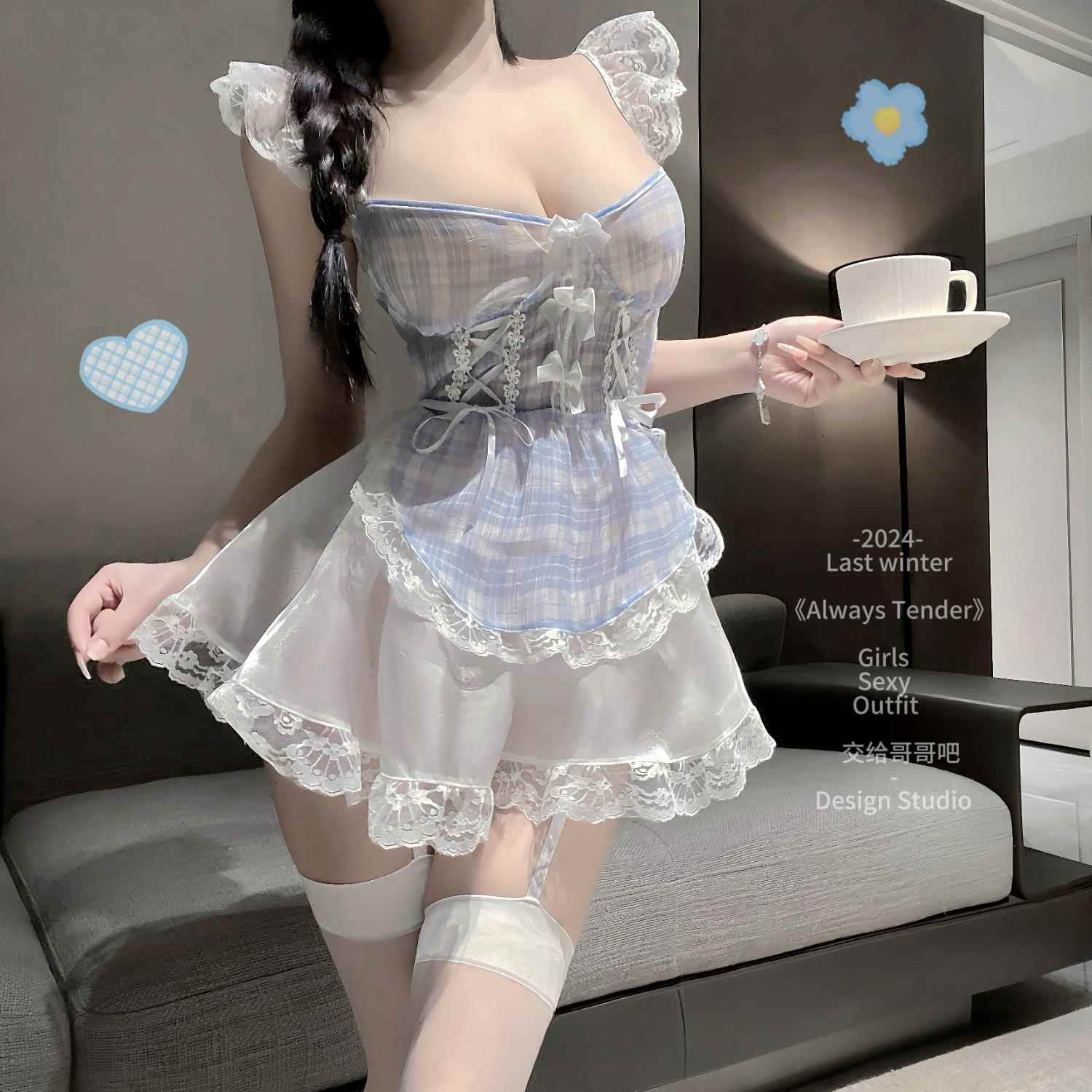 邻家软妹 温柔可爱女仆制服cos性感透视格子短裙女佣装情趣制服