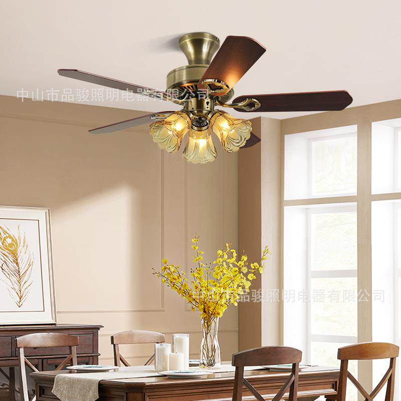 美式复古木叶吊扇灯中古风电扇灯家用变频餐厅客厅卧室风扇灯