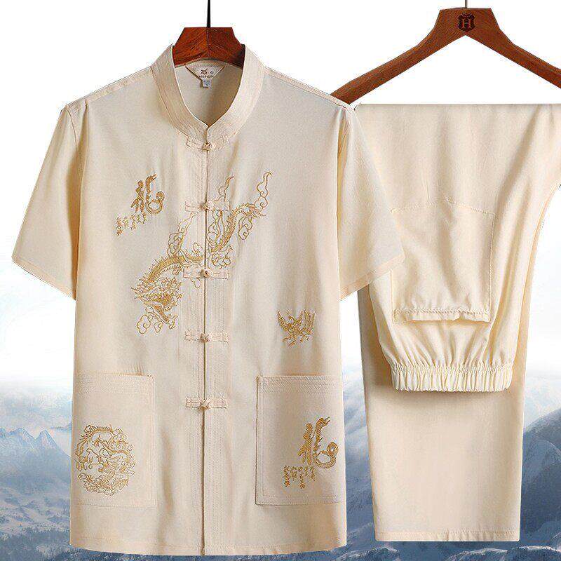 中国风唐装男爸爸中老年人爷爷夏季老人短袖套装衬衫太极晨练汉服