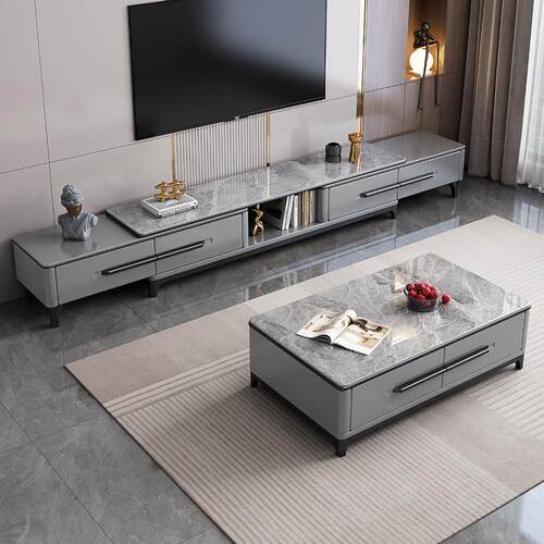 岩板茶几电视柜客厅2025新款落地电视机柜可伸缩储物柜一体