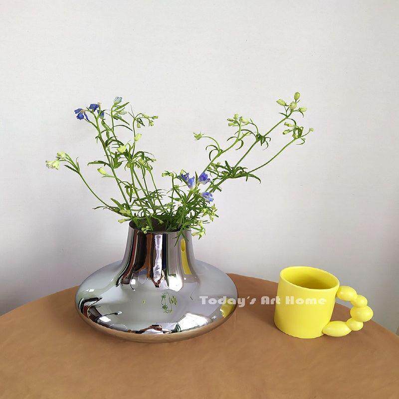 现代简约电镀银色花器轻奢玻璃花瓶餐桌茶几插花样板间客厅摆件