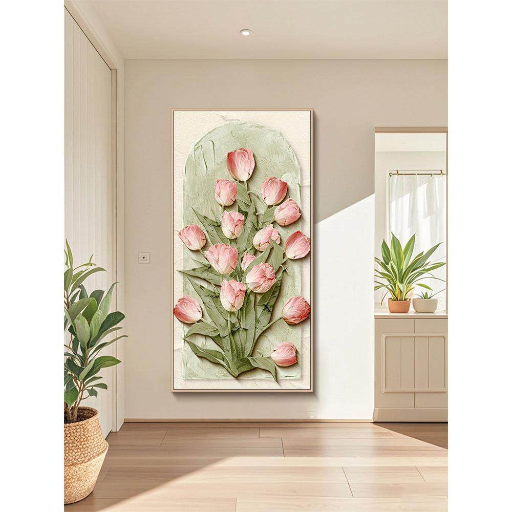 奶油风郁金香客厅装饰画肌理花卉沙发背景墙挂画入户玄关落地壁画,家居饰品,现代装饰画,淘宝优惠券,粉丝福利购,淘宝优惠卷