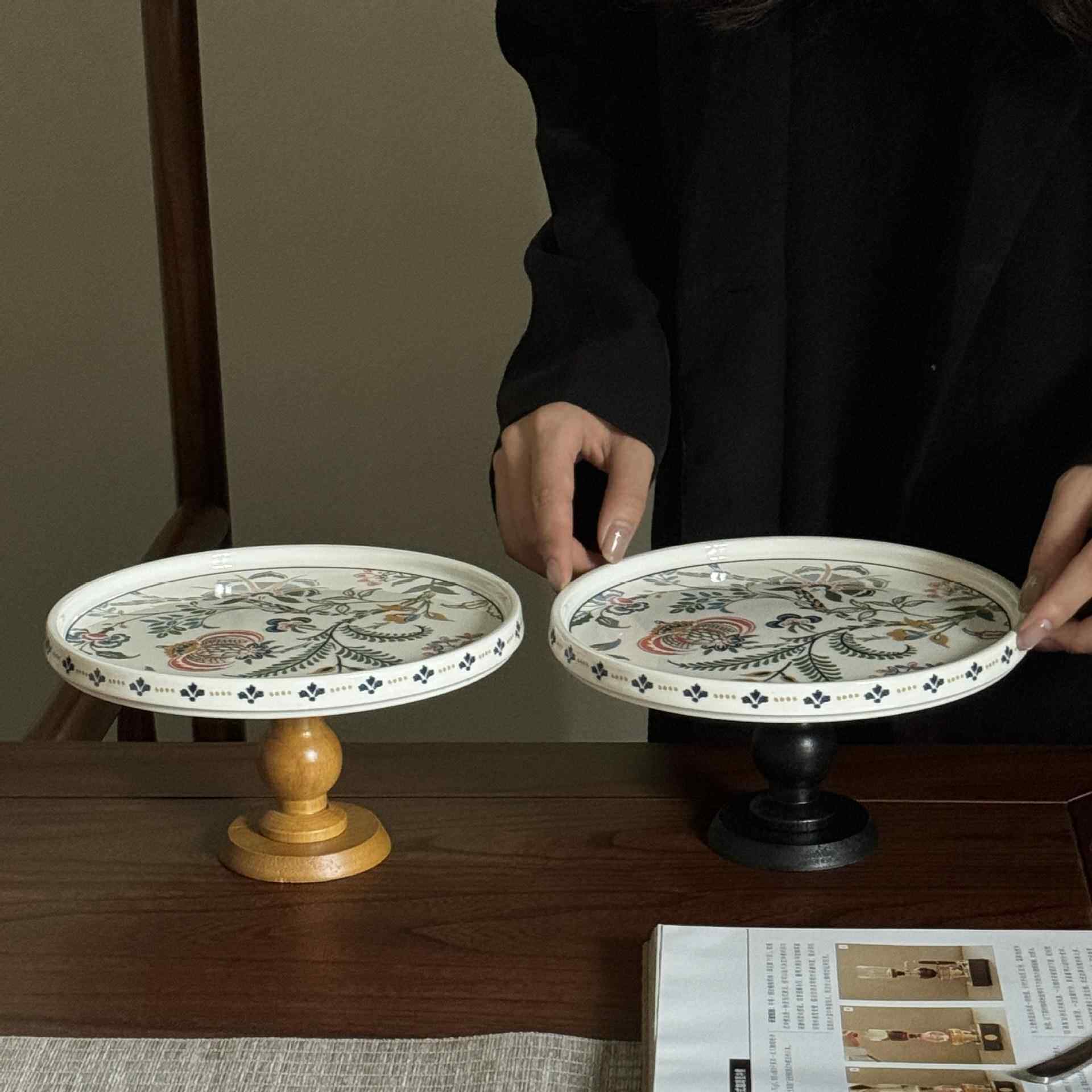 复古国风木质高脚陶瓷水果盘零食托盘复古法式收纳盘蛋糕点心盘