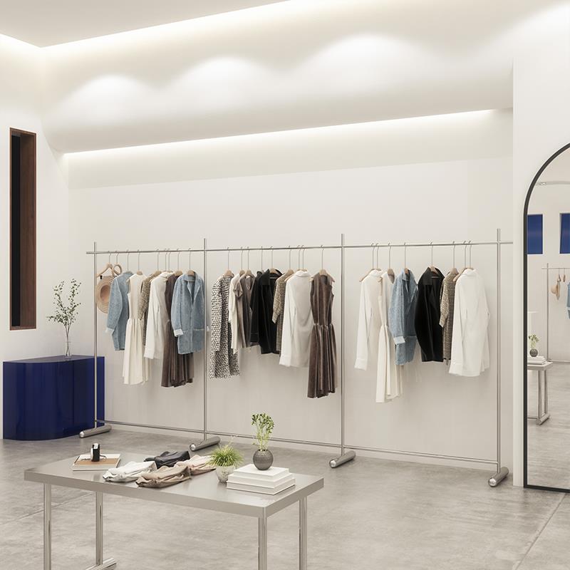服装店展示架陈列架不锈钢女装货架侧挂中岛架落地式拉丝银挂衣杆