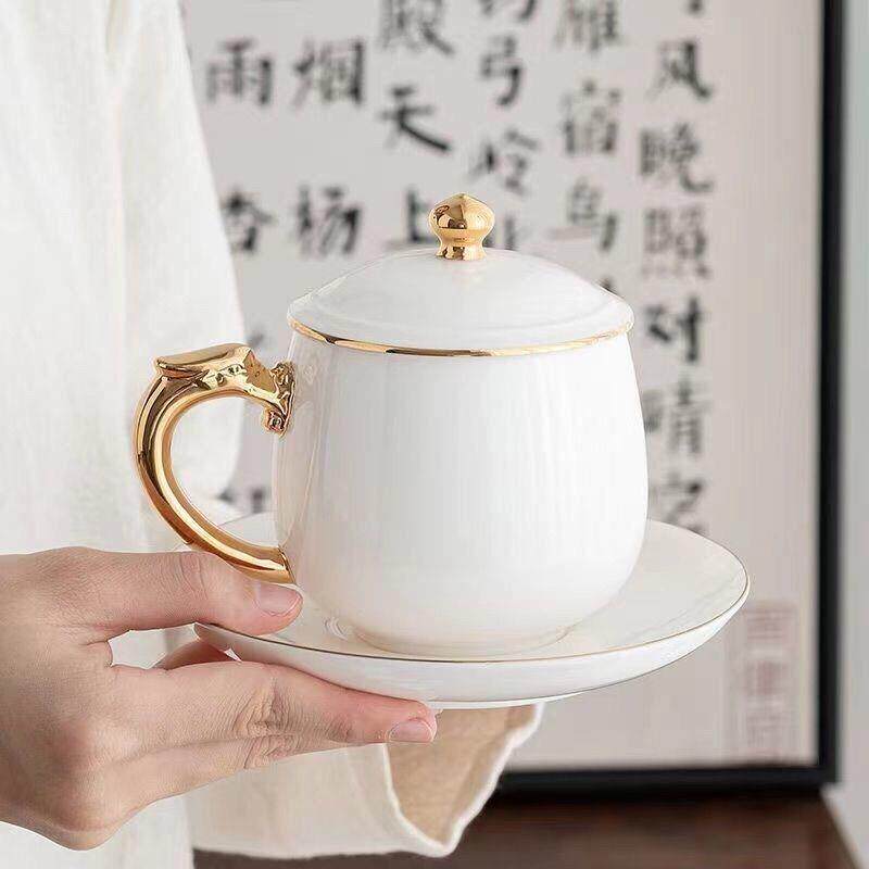 羊脂玉白瓷描金办公室泡茶杯陶瓷咖啡杯大容量杯陶瓷杯带盖马克杯