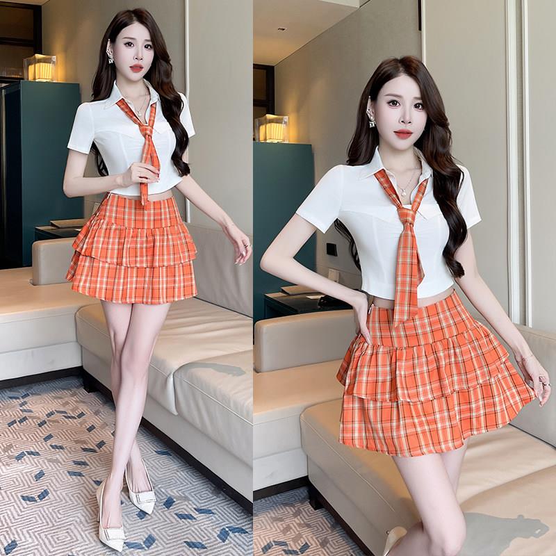 两件套修身格子短袖工作制服女酒店服务员翻领制服气质套装百褶裙