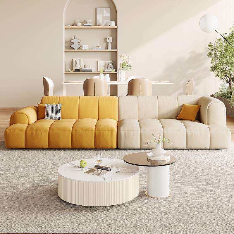泡芙布艺沙发现代简约客厅直排小户型钢琴键豆腐块奶油猫抓布沙发