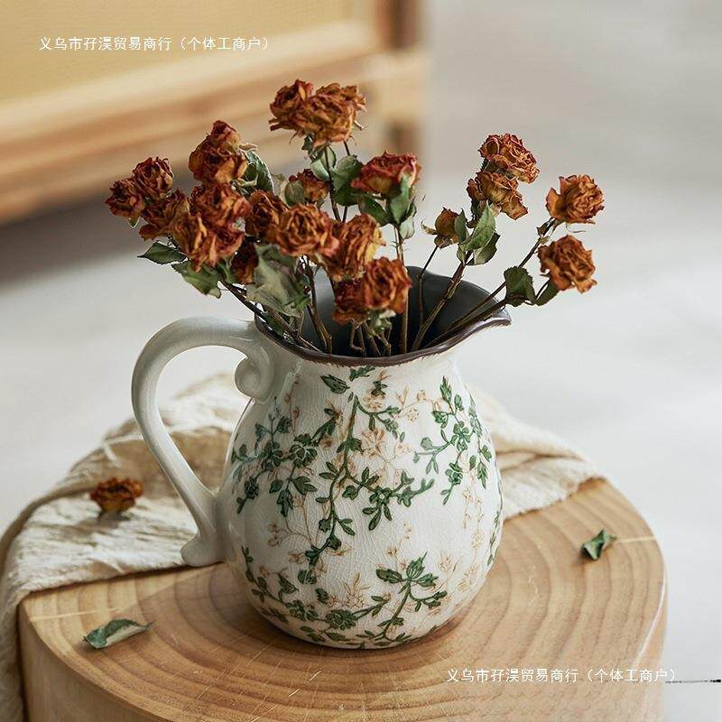 美式乡村冰裂奶壶陶瓷花瓶田园风水养插花摆件装饰品复古创意手提