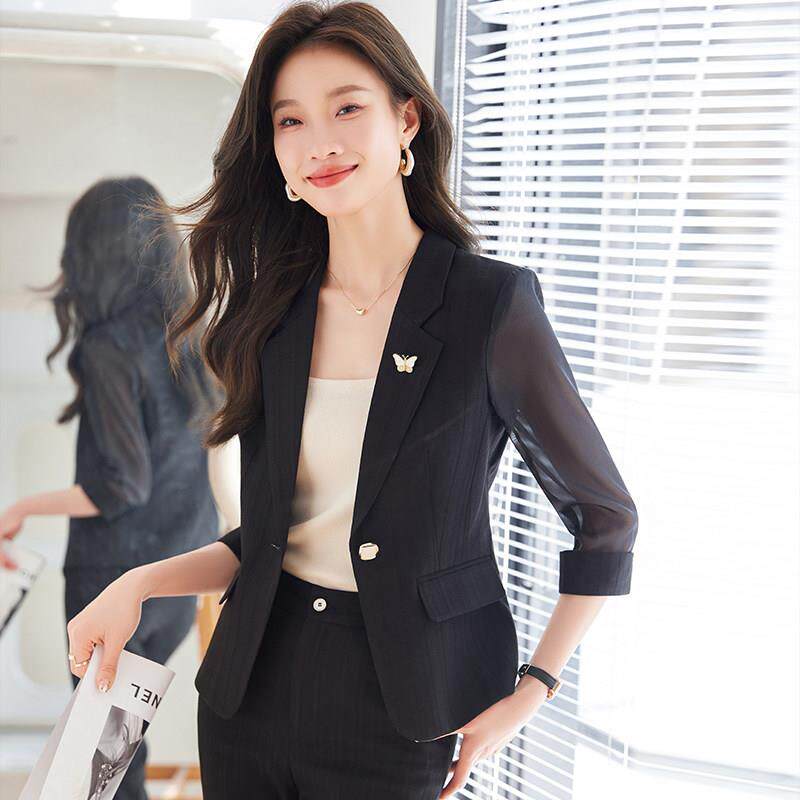 黑色西装外套女夏季薄款高级感职业小个子休闲防晒网纱袖西服套装
