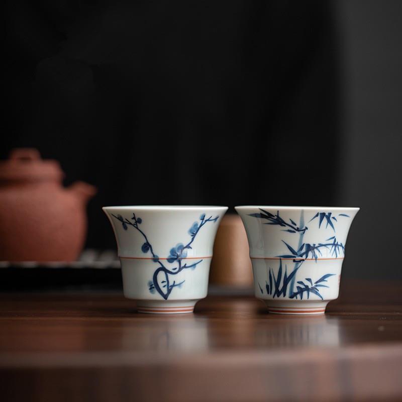 古青花手绘书品茗杯山水法茶杯功夫茶具单个喝茶复杯子