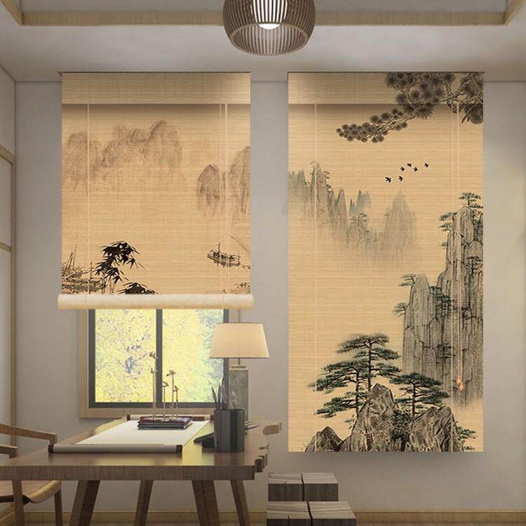 竹窗帘卷帘中式山水风景画 画印花竹帘卷帘茶室书房定制玄关遮阳