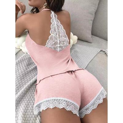 Crochet Lace V-Neck Two Piece Suits蕾丝拼接V领上衣短裤套装