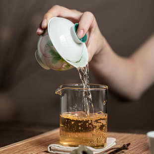 内陶瓷盖碗家用泡茶松功夫茶具碗下釉蜜桃石绿述泥玉手绘泥人彩釉