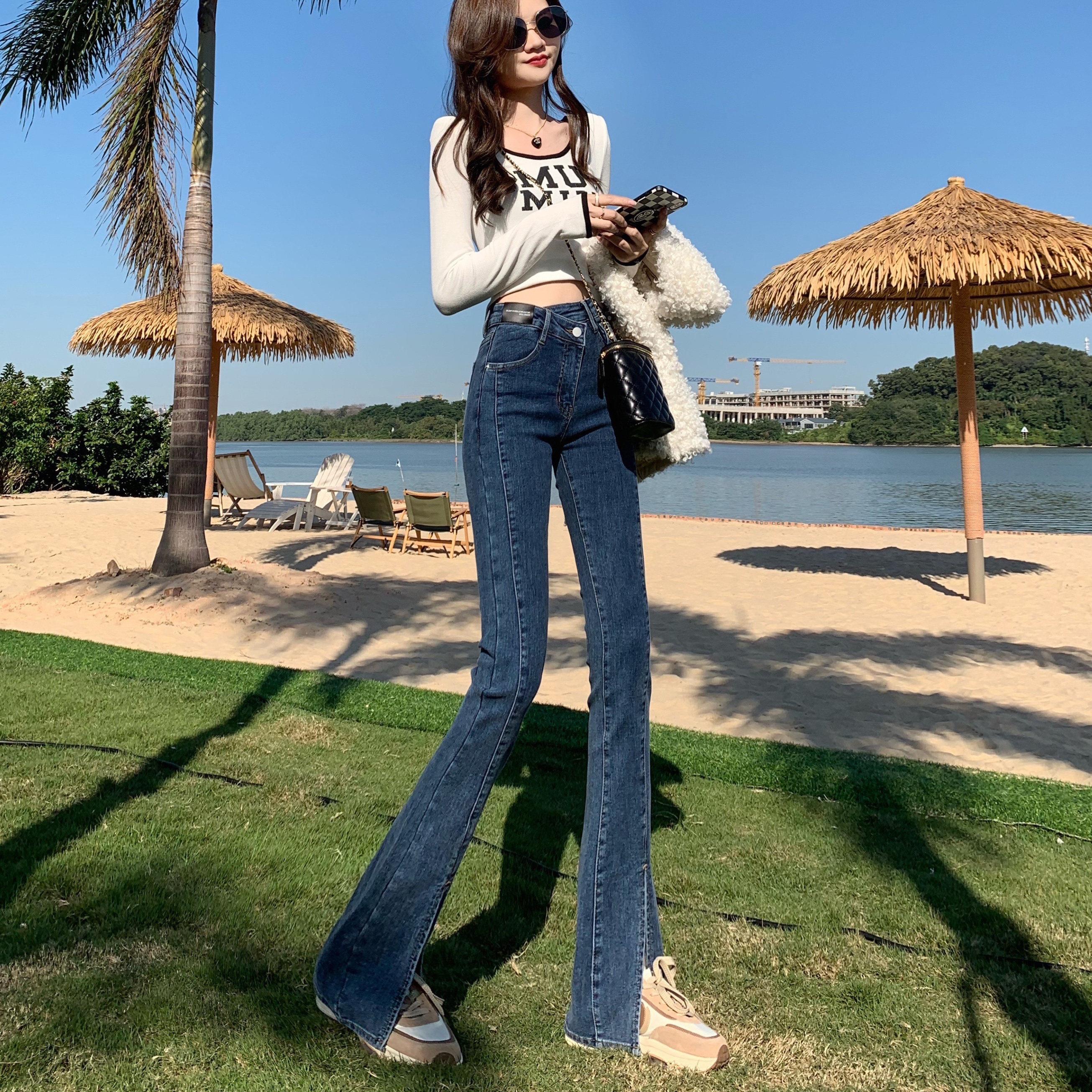 超高腰开叉微喇叭牛仔裤女2025秋冬新款显瘦显高垂感阔腿拖地裤子