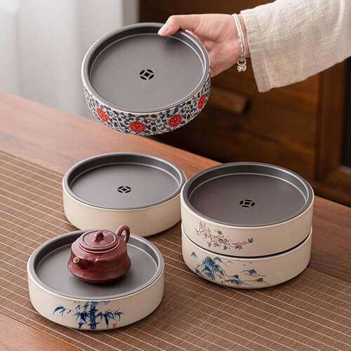 茶盘茶托陶瓷青花缠枝花卉纹储水式功夫茶具托盘壶承建水盘干泡台
