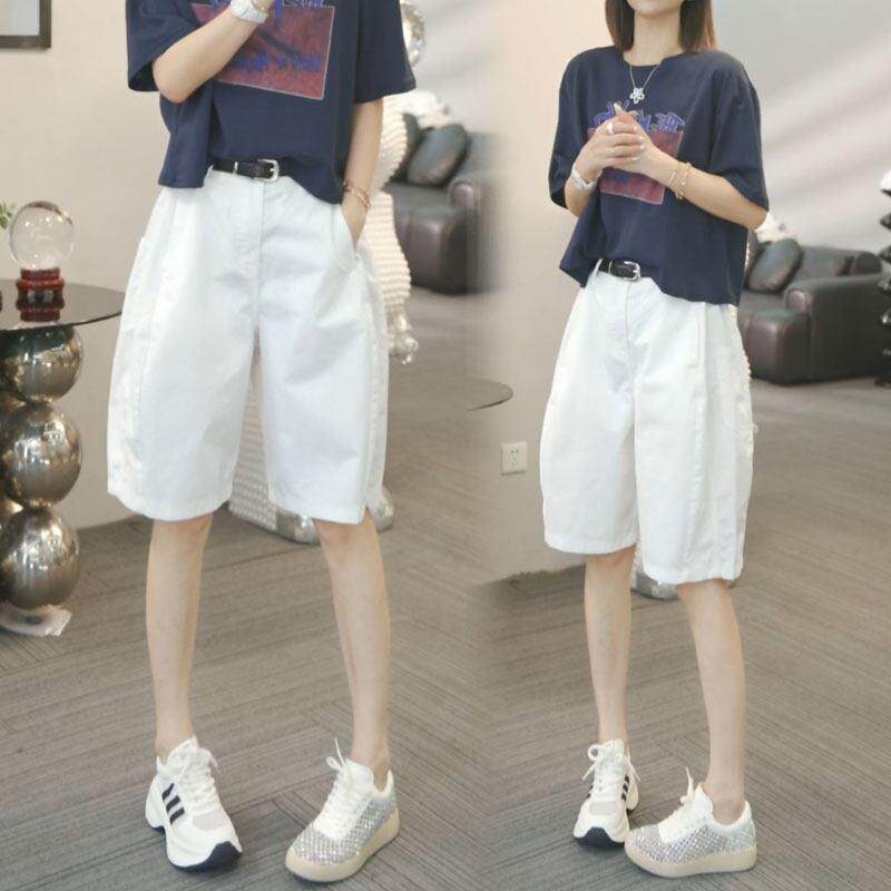 白色五分短裤女2026夏季新款休闲百搭宽松bf慵懒风高腰阔腿裤子