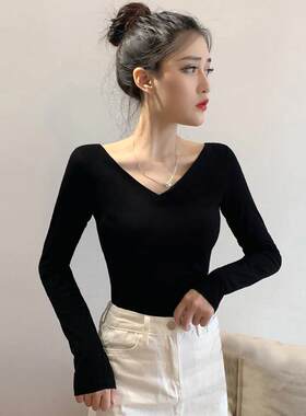 露背长袖t恤女前后双V领鸡心领低领2026新款棉打底衫舞蹈紧身上衣