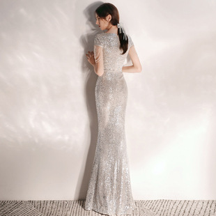 晚礼服女高级感气质宴会年会主持人高端亮片鱼尾裙秋冬季端庄大气