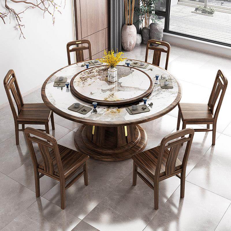 黑金木圆桌与转盘新中式轻奢家居板岩餐桌和椅子组合实木大圆桌餐