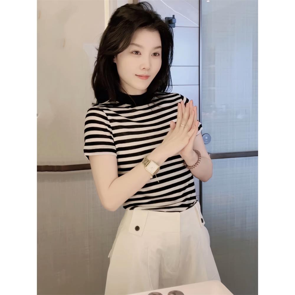 黑白条纹短袖t恤夏装女2025新款撞色正肩打底内搭小立领针织上衣