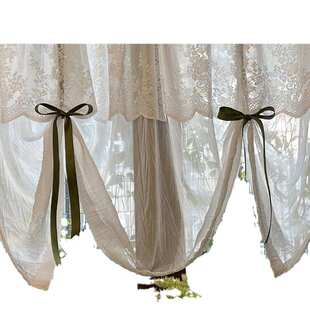 法式 蕾丝提拉窗帘升降纱帘免打孔隔断半帘门帘 田园风绿色白纱美式