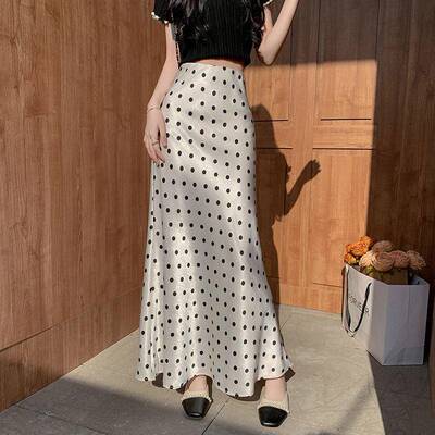 Women Khaki Satin Polka Dot Maxi Skirt High Waist Skirts