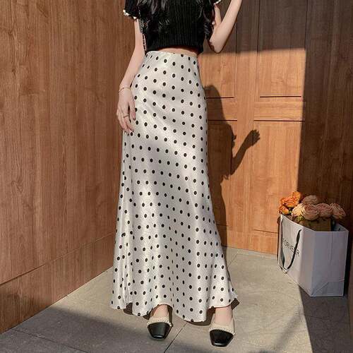 Women Khaki Satin Polka Dot Maxi Skirt High Waist Skirts