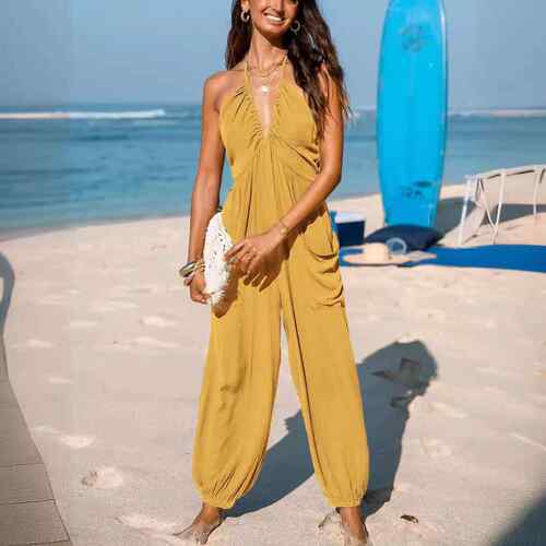 Women's Backless Deep V Neck Romper  Sleeveless Long Wide