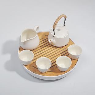 提梁壶家用简约办公茶壶茶杯一壶两四杯圆形蓄水茶台 整套茶具套装