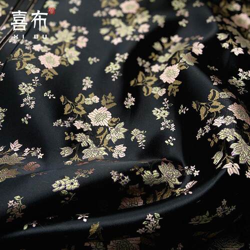 黑色底粉色花朵仙女范垂坠黑色提花尼龙织锦缎布料旗袍汉服装面料